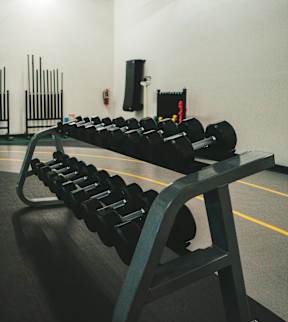 A black dumbbell rack with multiple dumbbells on it.