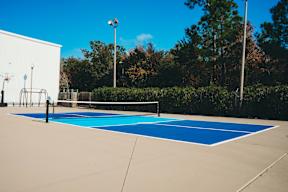 A blue tennis court with a white wall and trees in the background.