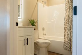 A white toilet sits next to a bathtub in a bathroom.