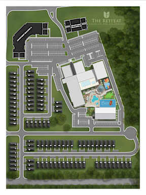 A map of a resort with a pool and a hotel.