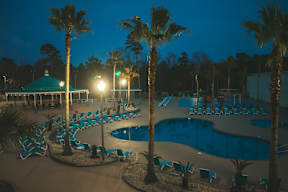 A pool surrounded by palm trees at night.