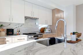A modern kitchen with a marble countertop and a stainless steel sink in Hillcrest Ave located in Abbotsford, BC