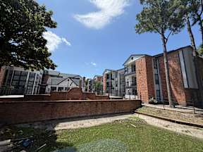 A view of a courtyard with a pond, trees and buildings located at Canfield Lakes Apartments in Houston TX