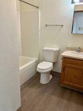 A bathroom with sink, mirror, toilet and bathtub/shower.
