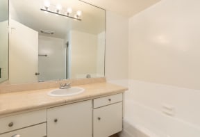 Bathroom with White Cabinets and Bathtub
