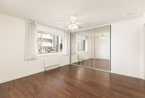 Bedroom with Hardwood Floors and Mirrored Wardrobe Closet