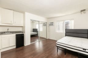Studio with Hardwood Floors, Mirrored Wardrobe Closet and Kitchen with White Cabinets