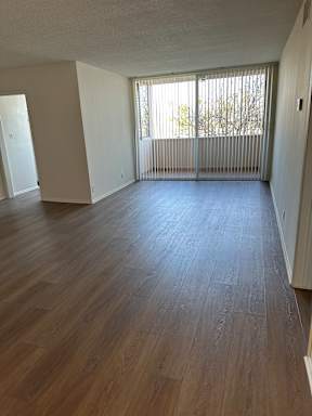 Living room with wood flooring and a sliding glass door.