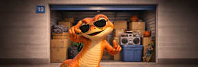 A cartoon snake wearing sunglasses and standing in a garage.