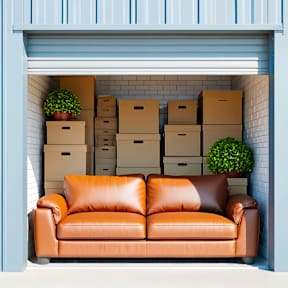 A brown leather couch sits in front of a storage unit with boxes and plants.
