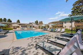 A large swimming pool surrounded by sun loungers and a building in the background.
