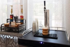 a kitchen counter with a glass of eggs on it