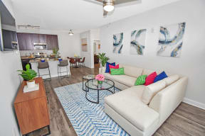 a living room with a white couch and a blue and white rug