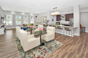 a clubhouse filled with furniture and multiple windows