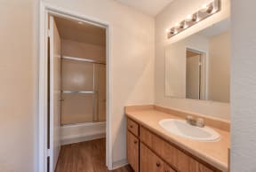 Master bathroom with separate vanity area. Second door leads to the toilet and tub/shower area.