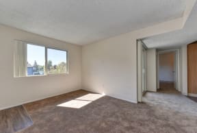Upstairs home with plush carpeting and a large window with natural lighting coming in.