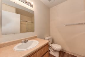 Vacant apartment home bathroom with vanity and large mirror