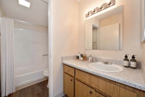 Bathroom in a 2x1 Floor Plan  with sink & vanity and separate area with door for the bathroom.