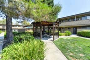 Outdoor Space with Gazebo with Grass, Walkways and Trees  at Olympus Park Apartments, Roseville, California
