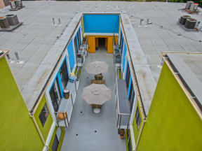 Drone photo of above the community common area in the middle of the complex at Croft Plaza Apartments, West Hollywood.