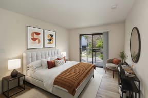 a bedroom with a bed and a desk with a chair at Croft Plaza Apartments, West Hollywood, CA