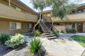 Exterior Walkways with Landscaping, Stairs, and Plants  at Olympus Park Apartments, Roseville, CA