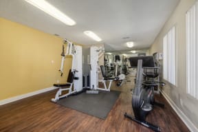 Community Fitness Center with Excercise Bike, Ellipticals, Weight Machines, Plastic Floor Mats, Open Blinded Windows, Full Mirror and Wood Inspired Floor
