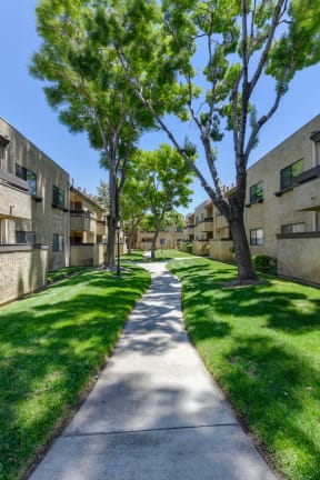 a sidewalk between two apartment buildings with green grass and trees