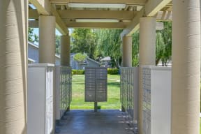 a walkway with a mailboxes and trees in the background