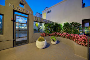 The entrance to N. Maple The Woods with a cactus and potted plant in front.