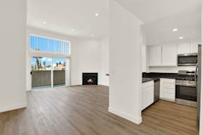 A modern kitchen with a fireplace and a view of the outdoors.