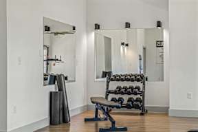 A gym room with a mirror, weights, and a bench.