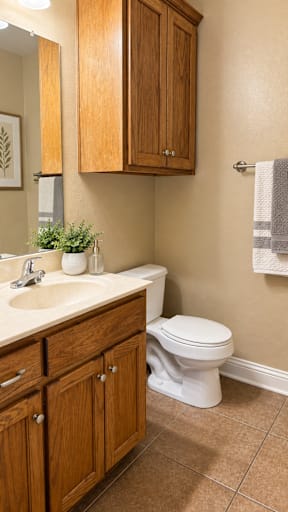 A bathroom with a toilet, sink, and wooden cabinets.