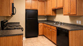 A black refrigerator sits in a kitchen with wooden cabinets.