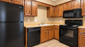 A black fridge and oven in a kitchen with wooden cabinets.