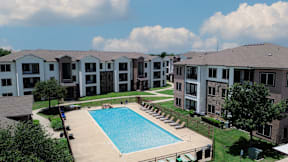 A swimming pool is surrounded by lounge chairs in a residential complex.