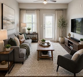 A living room with a grey couch, a coffee table, and a television.