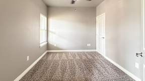 A room with a carpeted floor and a ceiling fan.