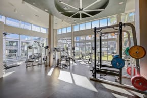 Gym with weights and fitness equipment, large windows at Eleven 10 in Orange, CA