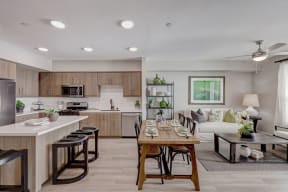 Kitchen and living room with table and chairs