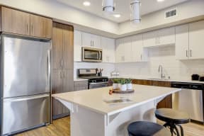 Modern kitchen with stainless steel appliances and a pristine flawlesscountertop