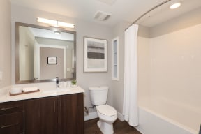 Modern bathroom featuring a toilet, sleek sink, mirror, and a spacious shower.