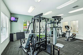 A gym with a variety of equipment including a treadmill, weights, and a television.