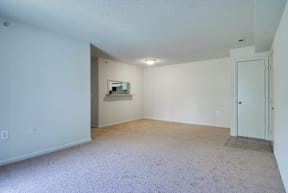 a bedroom with white walls and a carpeted floor
