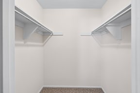 A white closet with a carpeted floor and two shelves.