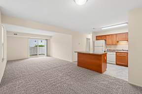 A spacious living room with a kitchen area in the background.