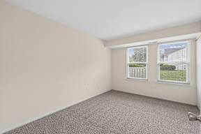 A room with a carpeted floor and a window showing a fence and trees outside.