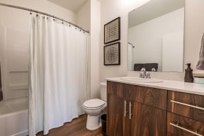 bathroom with large mirror, toilet and shower tub combo