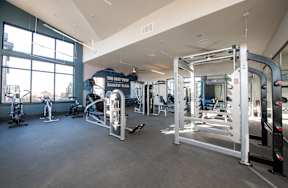 A gym with a variety of equipment including treadmills, weights, and exercise machines.