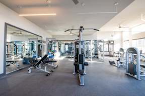 A spacious gym with a variety of equipment.